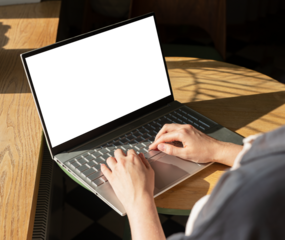 Hands at laptop with screen mockup, empty blank clean display mock upp