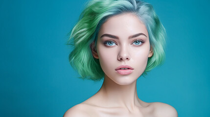 Fototapeta premium portrait of a cool female model with bleached, blue and green colored hair against blue background