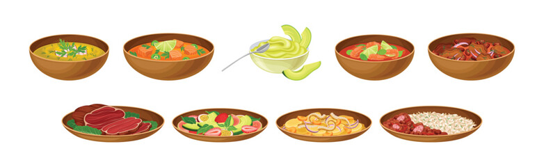 Brazilian Cuisine Dishes and Food Served on Plate Vector Set