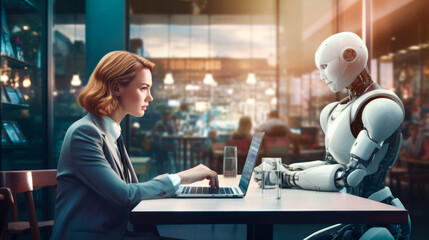 businesswoman and humanoid robot sitting in a cafe working collaborating - obrazy, fototapety, plakaty