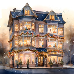 Watercolor illustration of a christmas house in a winter wonderland - obrazy, fototapety, plakaty