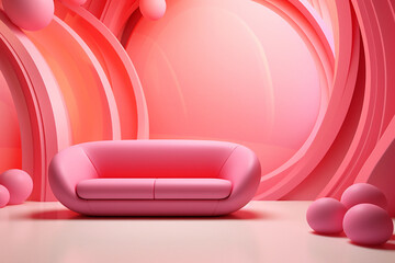 Modern pink sofa in abstract interior with pink walls and balls around