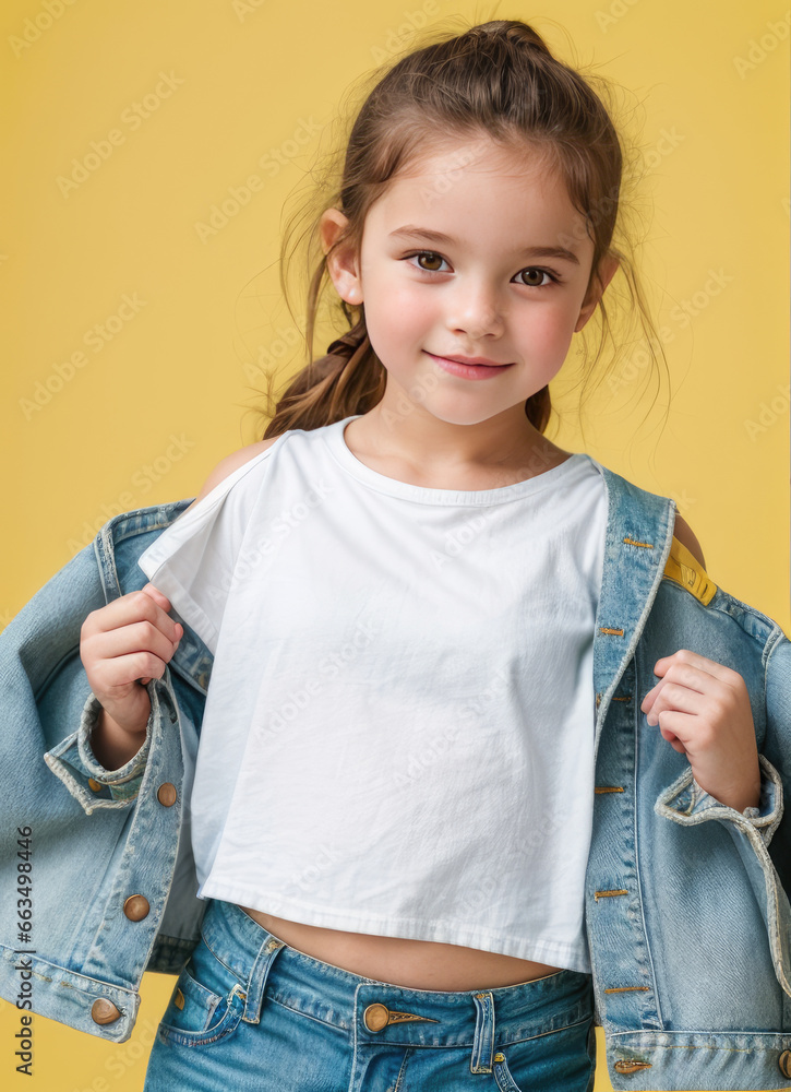 Wall mural Cute brunette girl wearing a white dress. T-shirt design mockup. Kids standing against a wall background