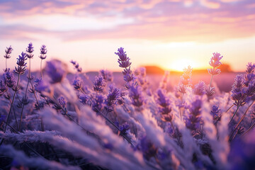 Close up shot of lavender flowers field at sunset