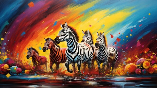  a painting of three zebras standing in front of a colorful background.  generative ai