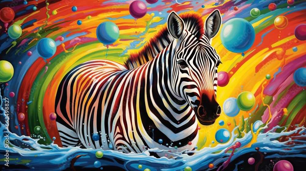 Poster a painting of a zebra standing in a stream of water. generative ai