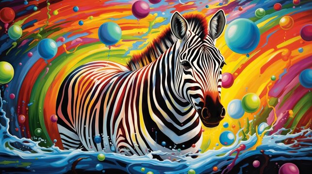  a painting of a zebra standing in a stream of water.  generative ai