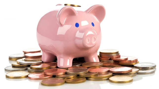 Cute pink piggy bank with piles of coins isolated on white background. AI generated image