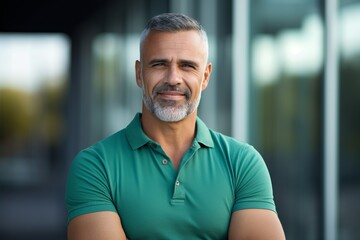 Portrait of handsome mature man in green polo shirt standing outdoors