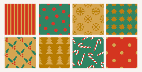 Fototapeta na wymiar Set of winter holidays seamless patterns. Merry Christmas and Happy New Year. Simple geometric backgrounds with snowflakes, Christmas tree, confetti, candy. Red, golden and golden colors.