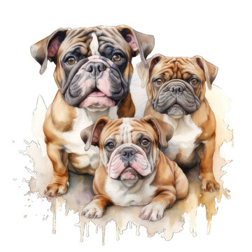 Three Cute Bulldog Dog Watercolor Png Graphic
