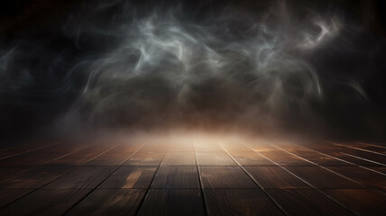 dark wooden floor, smoke and smoke background. empty place.