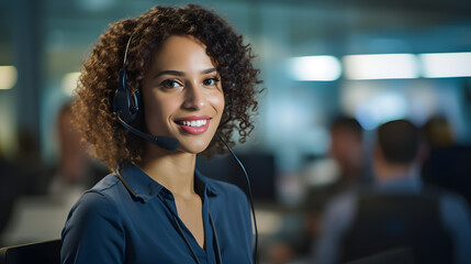 Obraz premium chica de pelo rizado atiende en un call center de atención al cliente