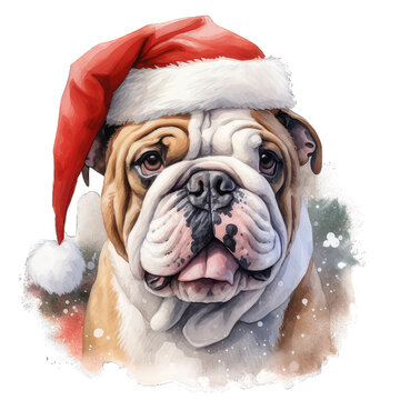 Cute Christmas Bulldog Dog Wearing Santa Hat Transparent Watercolor Png Graphic