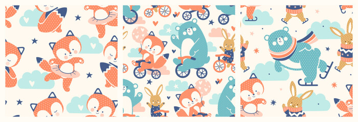 Collection of nursery seamless patterns. Set of tile backgrounds with cute animals. Funny baby animals. Hand drawn printable backgrounds, wrapping paper, fabric, kids bedroom wallpaper, backdrops.