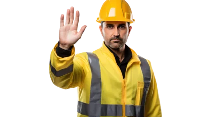 Foto op Canvas Latino worker in yellow vest and helmet standing with outstretched hand showing stop sign, png transparent, generative ai © Thumbs