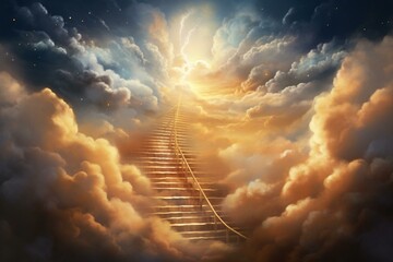 A ladder ascending into heavenly clouds illuminated by radiant light. Generative AI - obrazy, fototapety, plakaty
