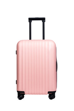 Wheel suitcase with handle. Spinner baggage, pink bag isolated on white