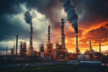 oil refinery plant, chemical industry over colorful dramatic sky. Generative AI