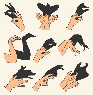 Hands gestures shadow set. Gaming animal puppets from hands. Light shade imagination ingenious. Hand play theatrical puppet. Vector cartoon illustration