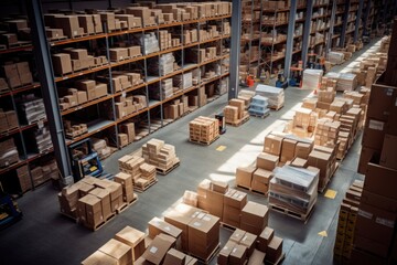 Photo of a warehouse with rows of neatly stacked boxes