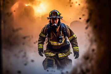 Photo of a brave firefighter navigating through thick smoke during a fire emergency