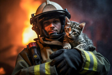 Photo of a heroic firefighter rescuing a cat from a burning building