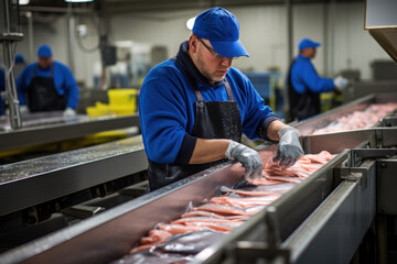 A man in a blue shirt working in a fish processing factory with a conveyor belt of trout - obrazy, fototapety, plakaty