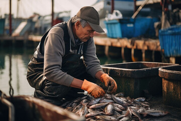 A man with a bountiful catch of fish on a boat - 663500803