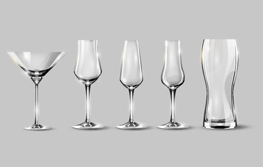 Alcohol glasses set. Transparent empty realistic mockup stemware for different drinks. Vector illustration