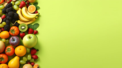 World vegan day, top view of fruits and vegetables, light green background