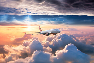Fototapeta na wymiar passenger plane flies above clouds, against background of the evening setting sun