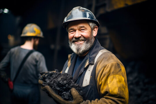 A rugged coal miner with a determined expression and a hard hat