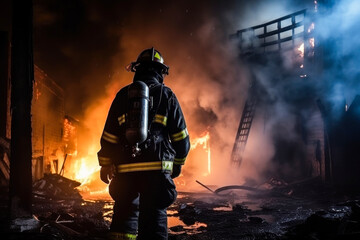 Obraz premium Photo of a brave firefighter in action, battling a raging fire in a burning building