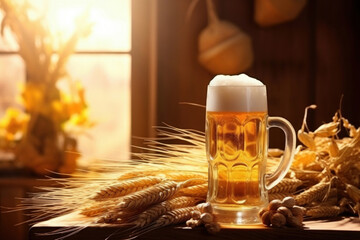 still life beer beer glass barley ears - obrazy, fototapety, plakaty