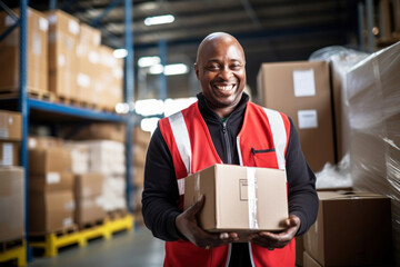 Photo of a man holding a box in a warehouse - 663501079