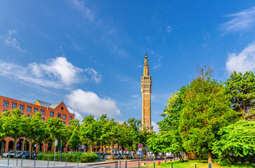Naklejka premium Hotel de ville de Lille Town Hall Art Deco style building, Beffroi belfry tower, Square Augustin Laurent park in Lille city center, French Flanders, Nord department, Hauts-de-France Region, France