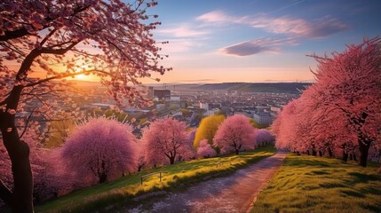  a beautiful view of a city and a pink tree lined path.  generative ai