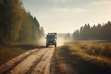 Truck on countryside road with forest landscape. Generative AI