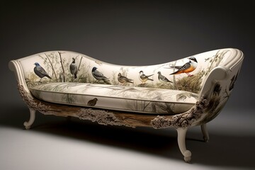Sofa design inspired by natural landscapes with the presence of birds. Generative AI