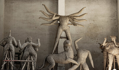 Raw soil  Durga  Kumartuli,West Bengal, India A clay idol of Goddess Durga under construction at a