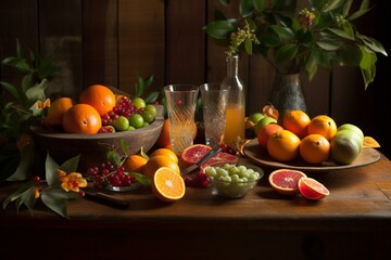 A colorful arrangement of citrus fruits and grenadine adorns a rustic wooden table. Generative AI