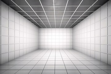 Abstract empty room with square opening in ceiling, grid shadow, rough floor - industrial interior background template. Generative AI