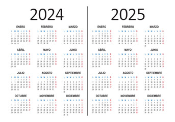 Spanish calendar 2024 2025 years. Week starts on Monday. Vector illustration - obrazy, fototapety, plakaty