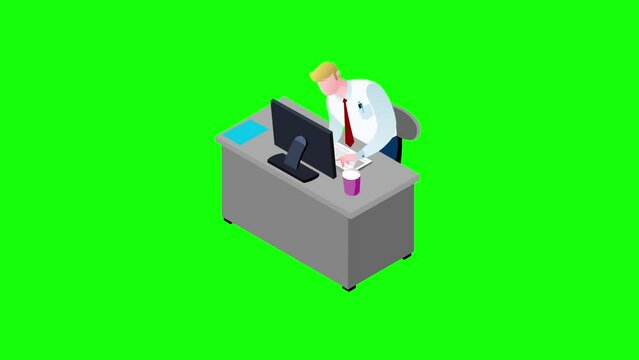 Businessmen 02 sitting and working with computer green screen. Business cartoon style animation of office employees. Flat vector design greenbox Seamless loop.