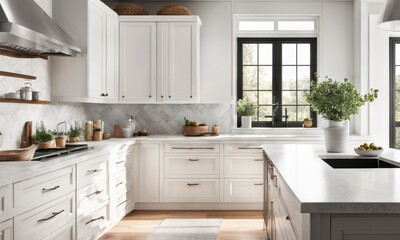 Monochromatic kitchen with crisp white walls and cabinets. White quartz countertops, garden view from window