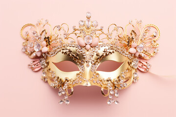 beautiful bedazzled carnival or masquerade ball gold and pink masks on a pastel pink background.