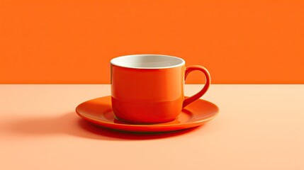  a cup and saucer on a saucer on an orange background.  generative ai