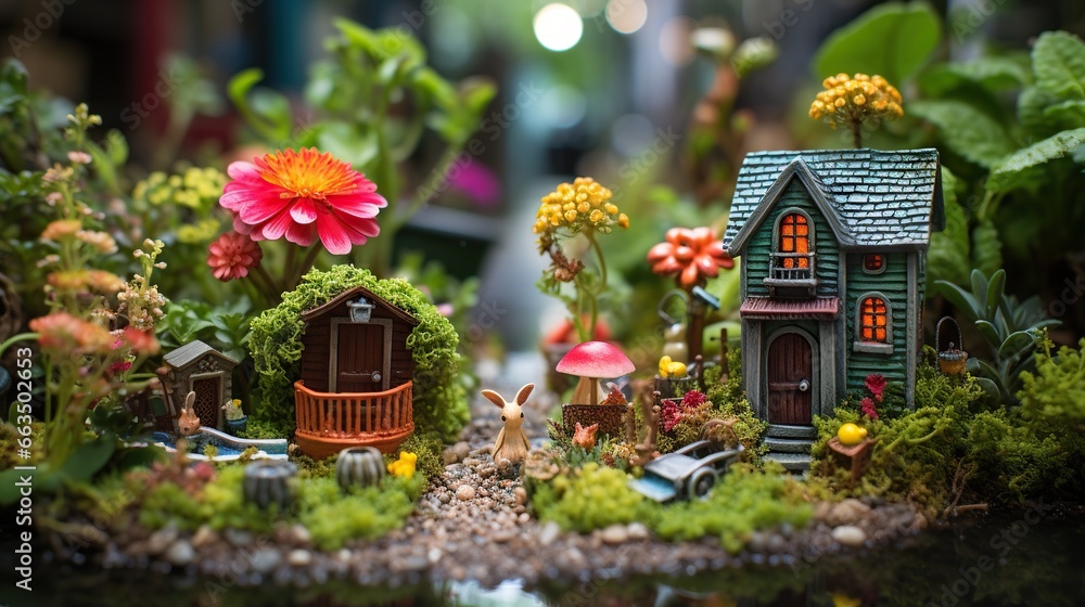 Poster a miniature garden with a house and a rabbit in it. generative ai