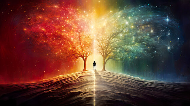 Man silhouette standing for a colorful tree. Concept of choices, duality, following own decisions and choices. Esoteric, spirituality. 